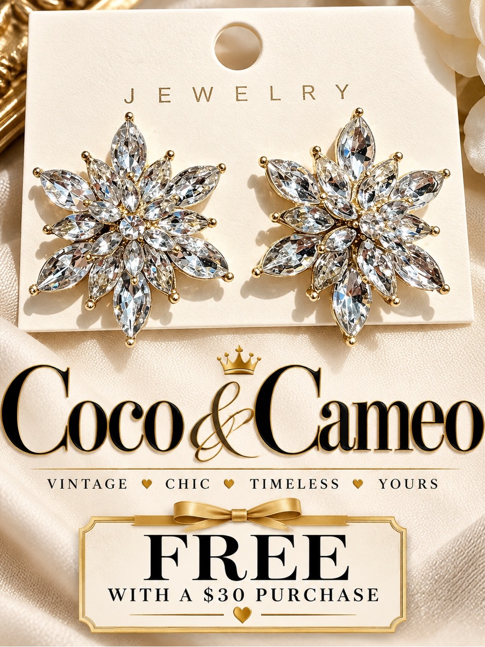 NWT Marquise Crystal Floral Statement Stud Earrings Gold Tone Rhinestone Cluster